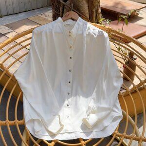 White Oversized Band Collar Button Down Long Sleeve Flowy Blouse Top